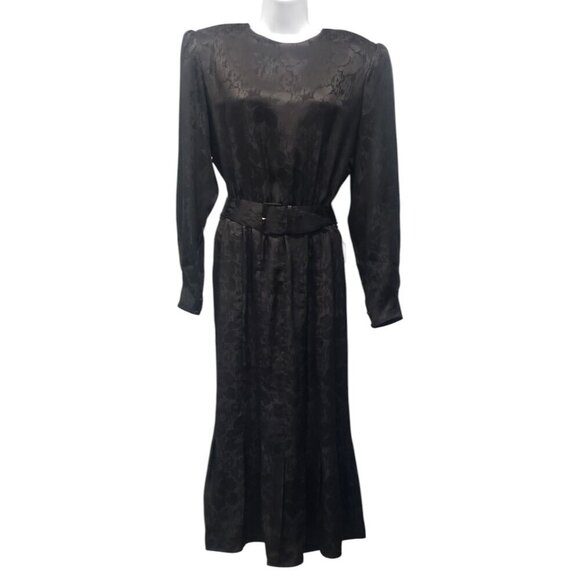 VTG 80s Cadaz Silk Dress Black Silk Floral Jacquard Gothic Glam Formal Size 14 - Picture 1 of 12